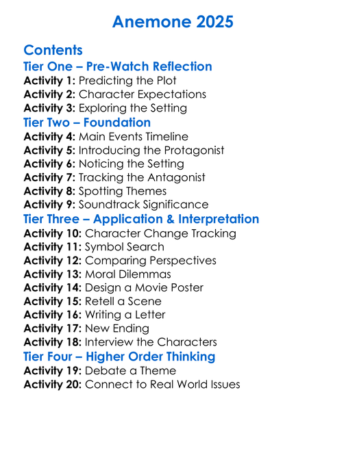 Anemone 2025 Worksheet Activity Booklet