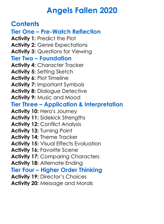 Angels Fallen 2020 Worksheet Activity Booklet