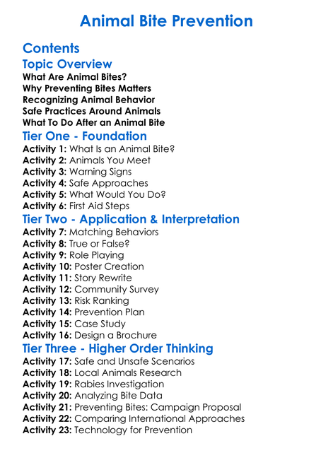 Animal Bite Prevention Worksheet Activity Booklet