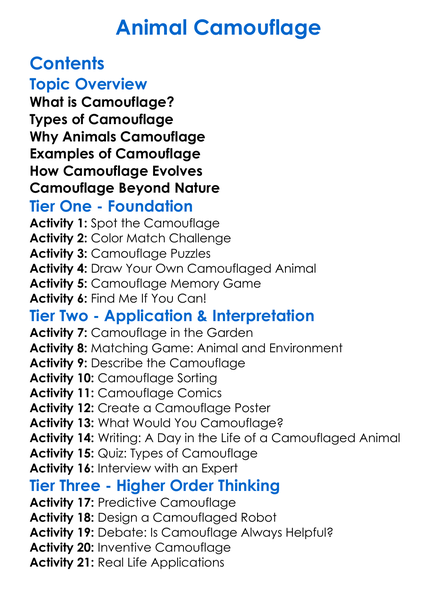 Animal Camouflage Worksheet Activity Booklet