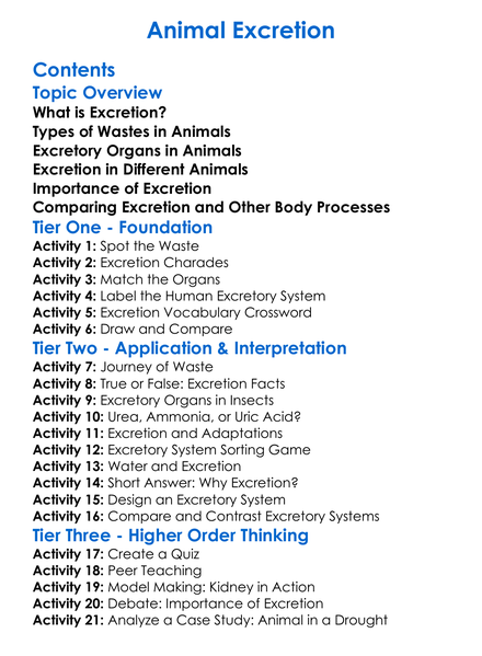 Animal Excretion Worksheet Activity Booklet