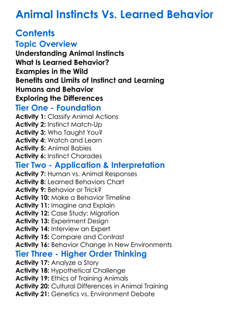 Animal Instincts Vs Learned Behavior Worksheet Activity Booklet