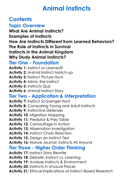 Animal Instincts Worksheet Activity Booklet