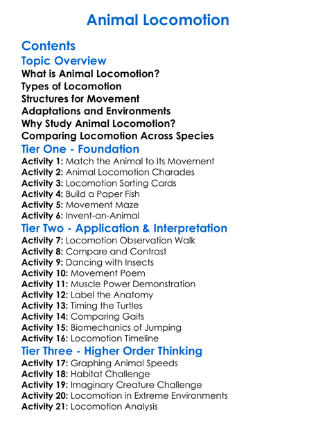 Animal Locomotion Worksheet Activity Booklet
