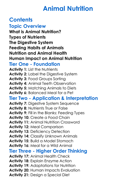Animal Nutrition Worksheet Activity Booklet