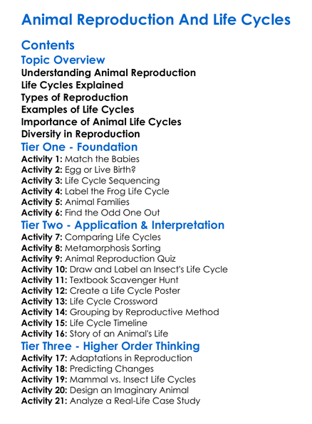 Animal Reproduction And Life Cycles Worksheet Activity Booklet