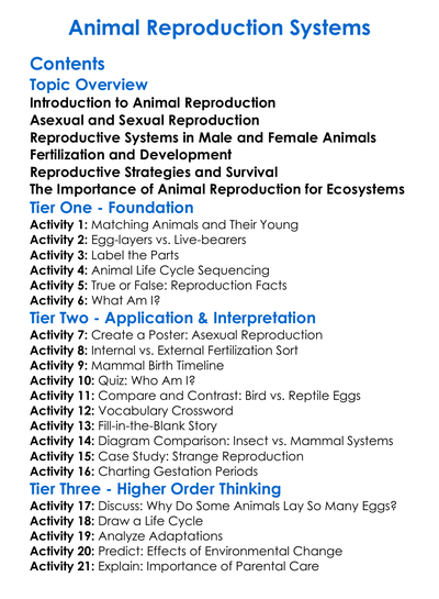 Animal Reproduction Systems Worksheet Activity Booklet