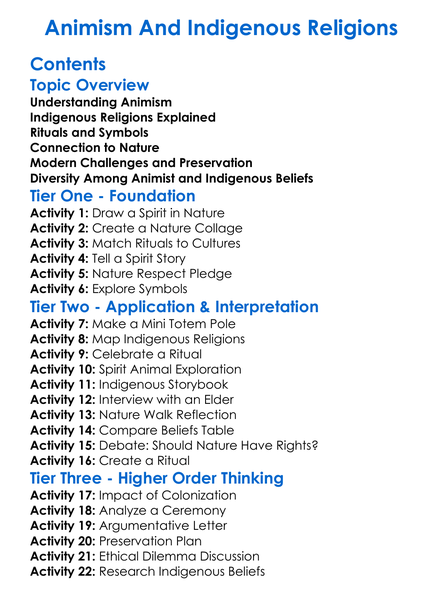 Animism And Indigenous Religions Worksheet Activity Booklet