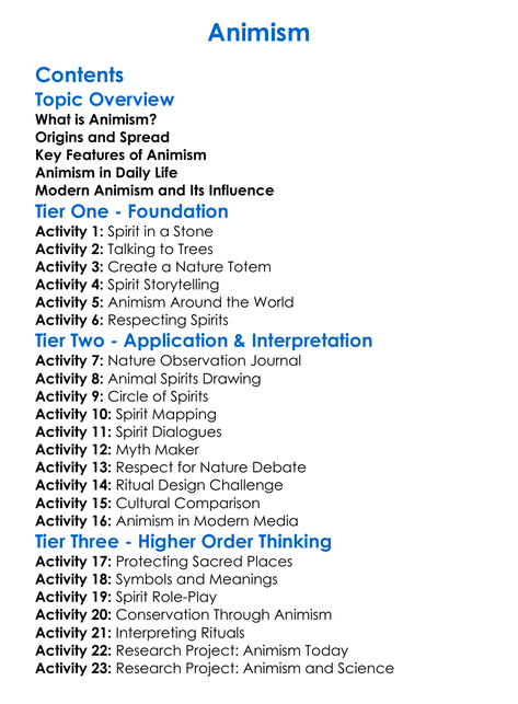 Animism Worksheet Activity Booklet