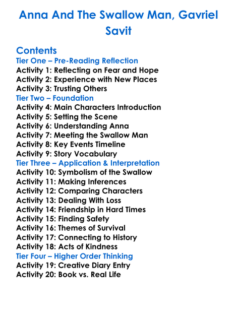 Anna And The Swallow Man Gavriel Savit Worksheet Activity Booklet