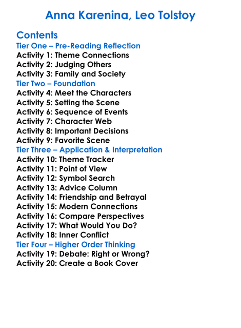 Anna Karenina Leo Tolstoy Worksheet Activity Booklet