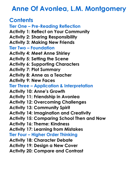 Anne Of Avonlea Lm Montgomery Worksheet Activity Booklet
