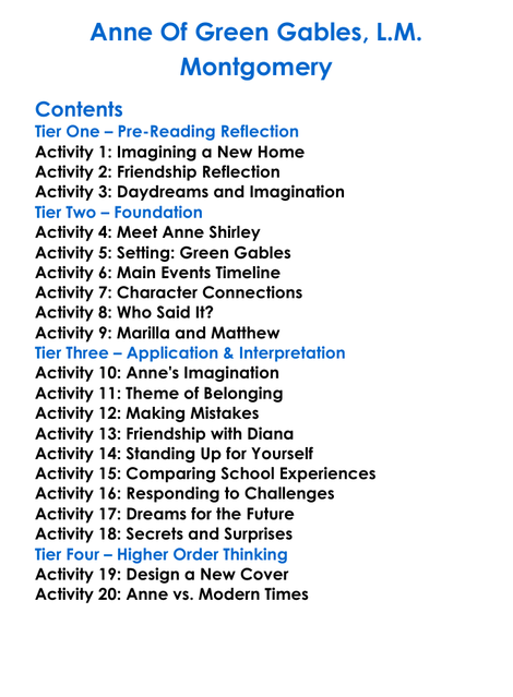 Anne Of Green Gables Lm Montgomery Worksheet Activity Booklet