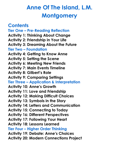 Anne Of The Island Lm Montgomery Worksheet Activity Booklet