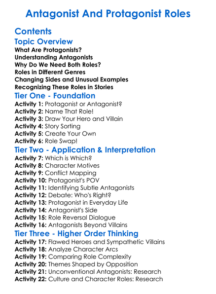 Antagonist And Protagonist Roles Worksheet Activity Booklet