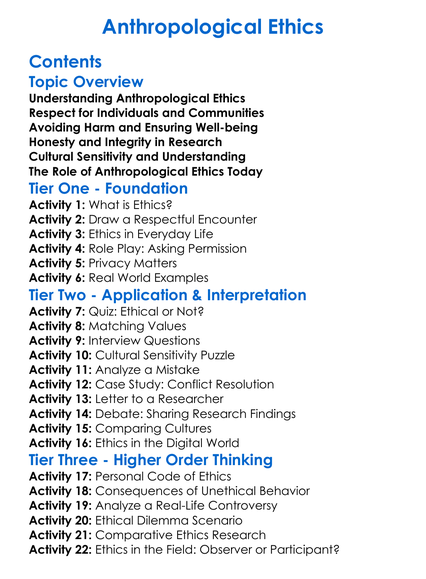 Anthropological Ethics Worksheet Activity Booklet