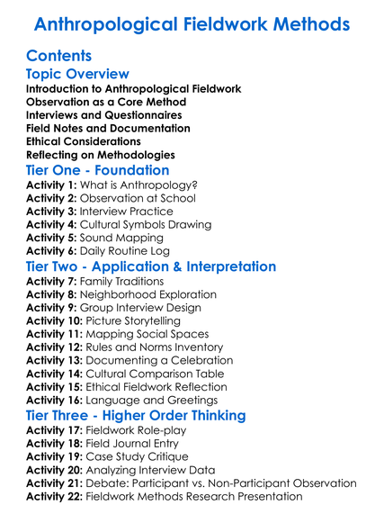 Anthropological Fieldwork Methods Worksheet Activity Booklet
