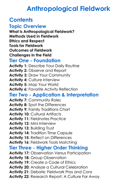 Anthropological Fieldwork Worksheet Activity Booklet