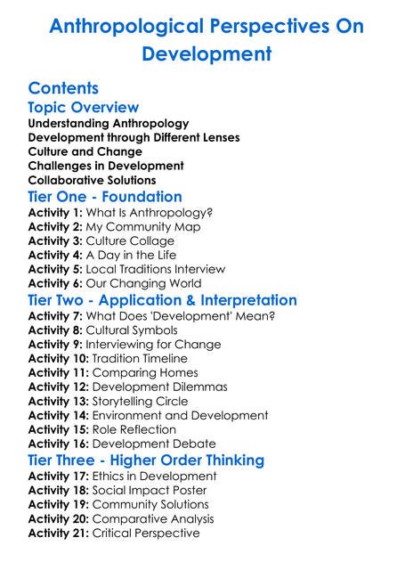 Anthropological Perspectives On Development Worksheet Activity Booklet