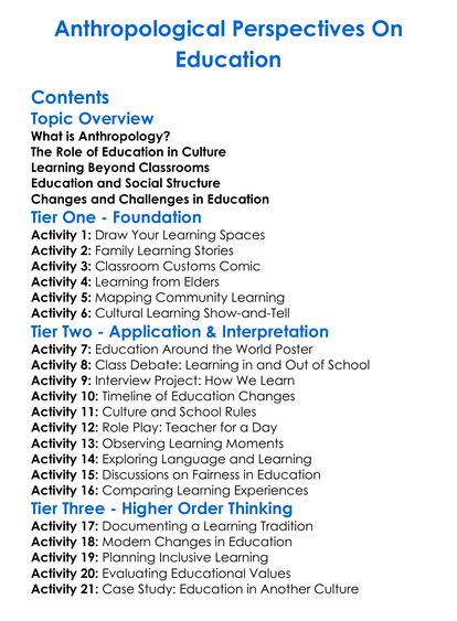 Anthropological Perspectives On Education Worksheet Activity Booklet