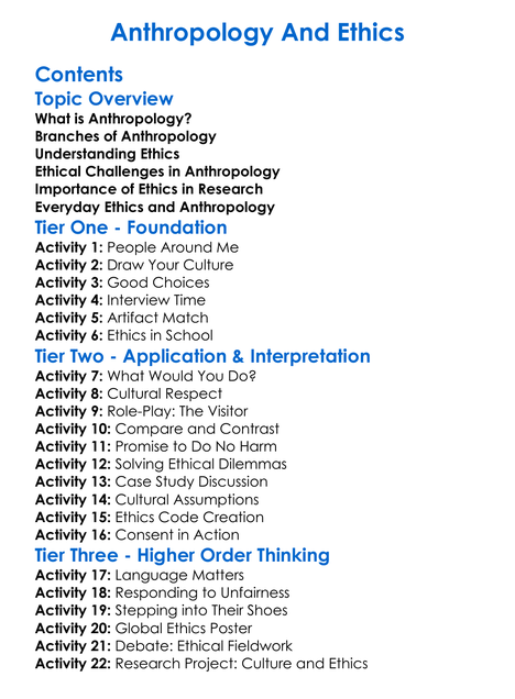 Anthropology And Ethics Worksheet Activity Booklet
