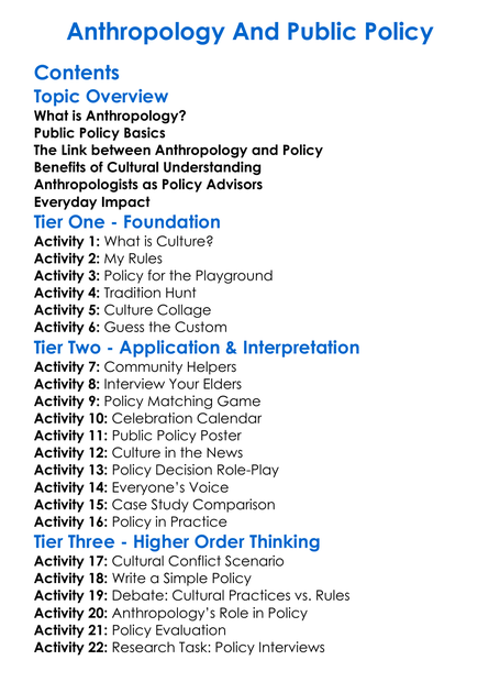 Anthropology And Public Policy Worksheet Activity Booklet