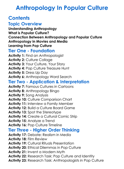 Anthropology In Popular Culture Worksheet Activity Booklet