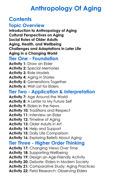 Anthropology Of Aging Worksheet Activity Booklet