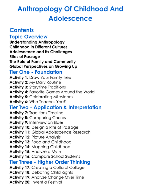 Anthropology Of Childhood And Adolescence Worksheet Activity Booklet