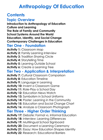Anthropology Of Education Worksheet Activity Booklet