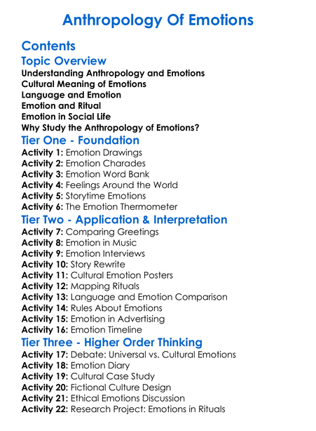 Anthropology Of Emotions Worksheet Activity Booklet
