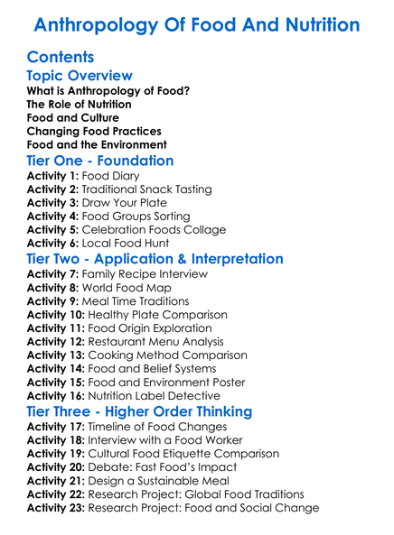 Anthropology Of Food And Nutrition Worksheet Activity Booklet