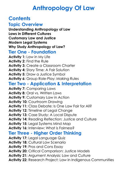 Anthropology Of Law Worksheet Activity Booklet