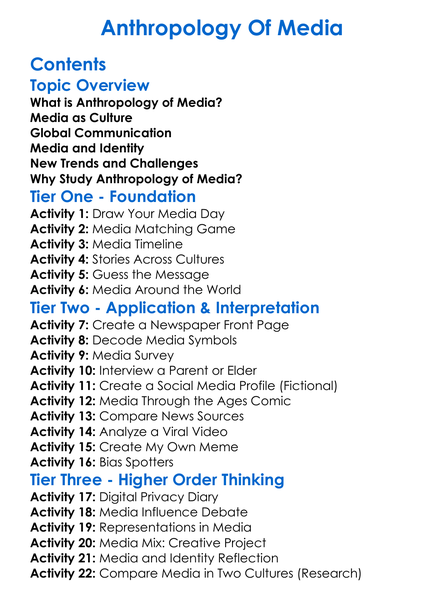 Anthropology Of Media Worksheet Activity Booklet