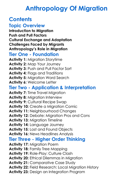Anthropology Of Migration Worksheet Activity Booklet