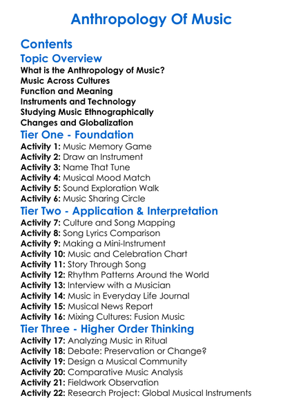 Anthropology Of Music Worksheet Activity Booklet