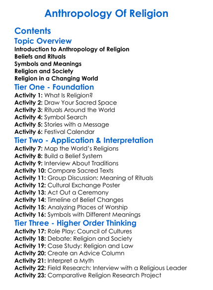 Anthropology Of Religion Worksheet Activity Booklet