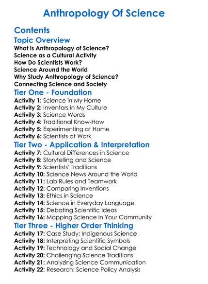 Anthropology Of Science Worksheet Activity Booklet