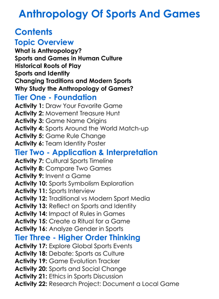 Anthropology Of Sports And Games Worksheet Activity Booklet