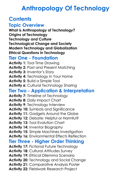 Anthropology Of Technology Worksheet Activity Booklet