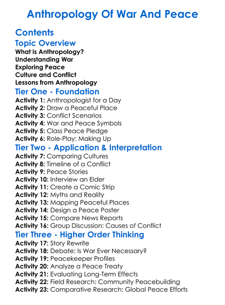 Anthropology Of War And Peace Worksheet Activity Booklet