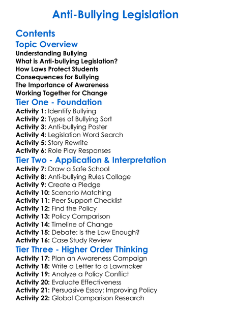 Anti-Bullying Legislation Worksheet Activity Booklet