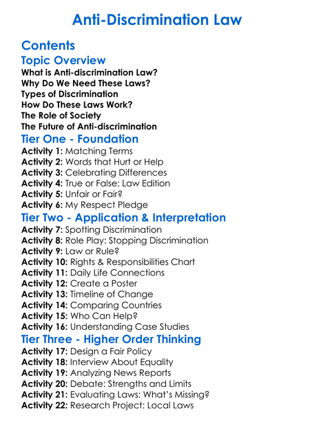 Anti-Discrimination Law Worksheet Activity Booklet