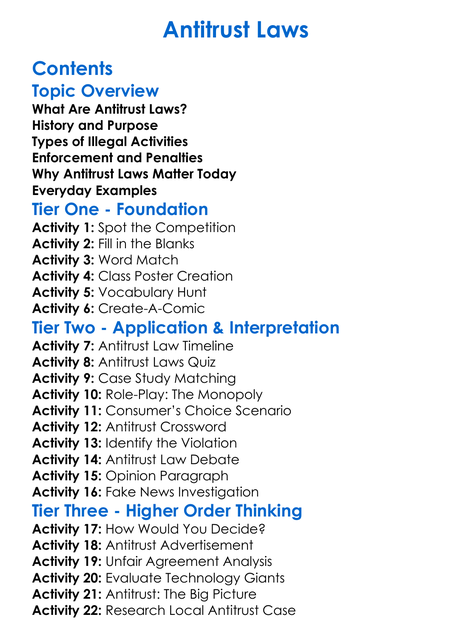 Antitrust Laws Worksheet Activity Booklet