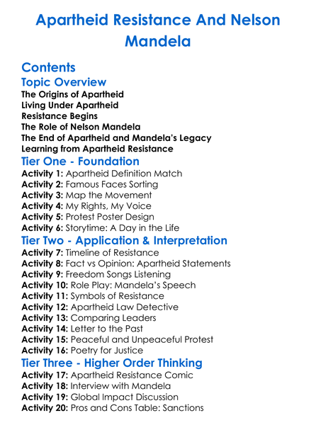 Apartheid Resistance And Nelson Mandela Worksheet Activity Booklet