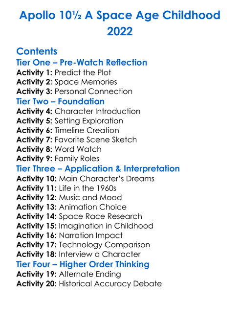 Apollo 10½ A Space Age Childhood 2022 Worksheet Activity Booklet