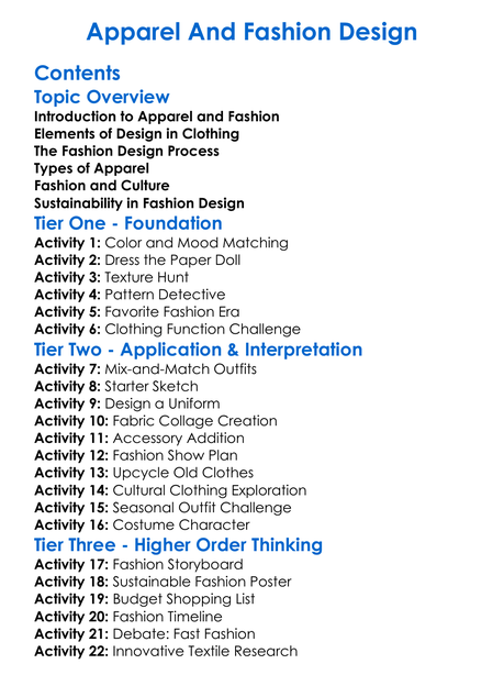 Apparel And Fashion Design Worksheet Activity Booklet