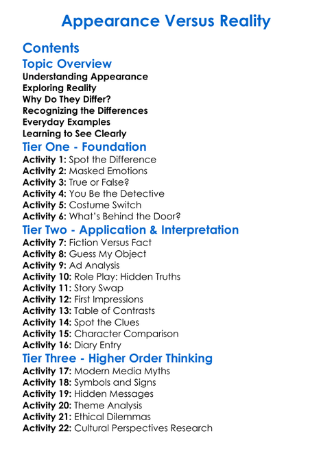 Appearance Versus Reality Worksheet Activity Booklet
