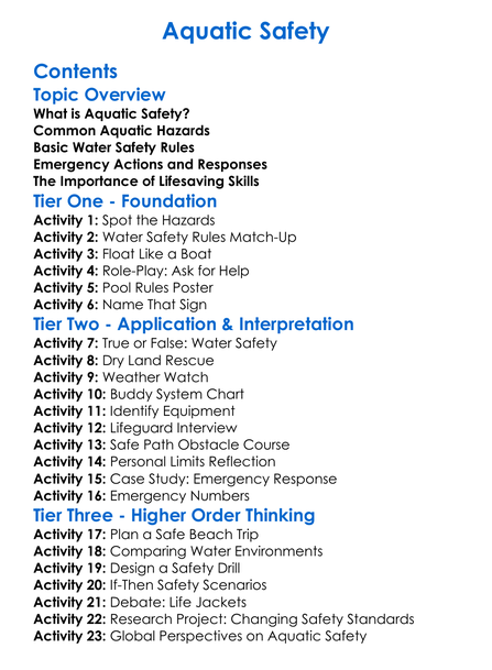 Aquatic Safety Worksheet Activity Booklet