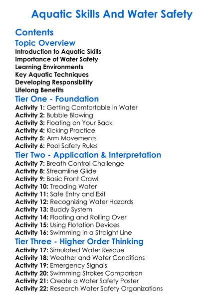 Aquatic Skills And Water Safety Worksheet Activity Booklet